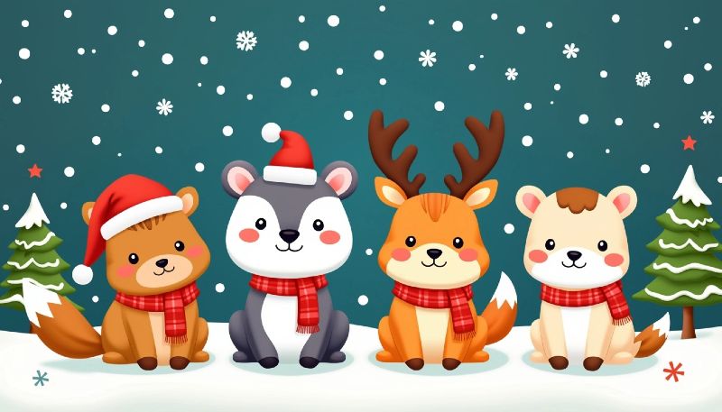 Vier Kawaii Tiere in weihnachtlicher Umgebung